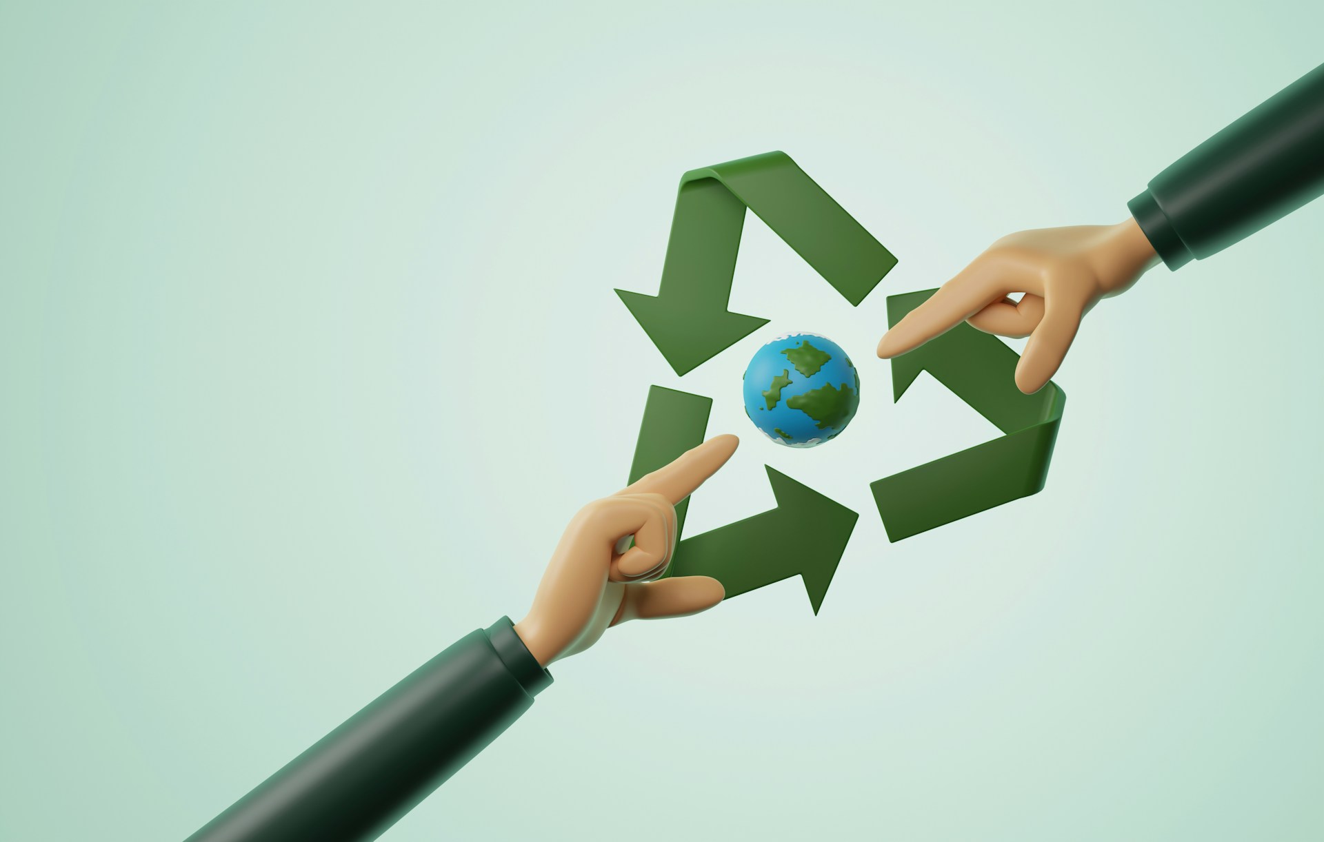 Two hands reaching toward a small globe inside a green recycling symbol