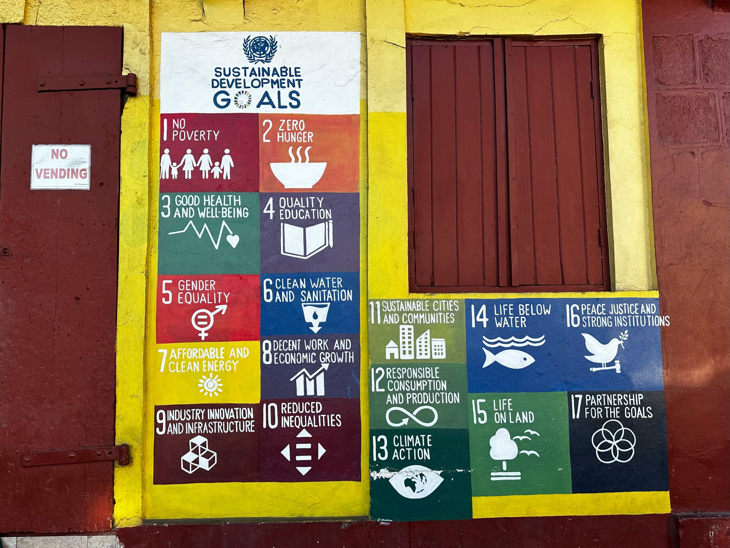 Wall mural showing the 17 UN Sustainable Development Goals